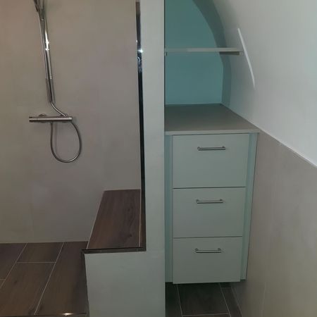 Eine Dusche mit einem maßangefertigten Schrank dahinter